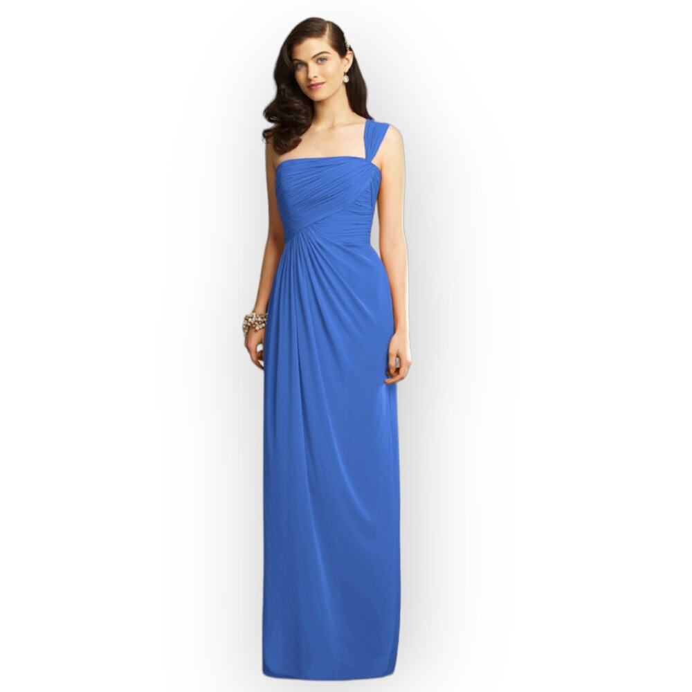Dessy Collection Vivian Diamond Blue Gown 14 2903 One Shoulder Ruching Formal